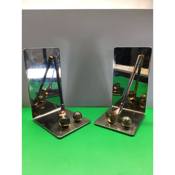 Vintage Golf Club Book Ends Chrome & Brass Tone Metal Office Decor - Set of 2